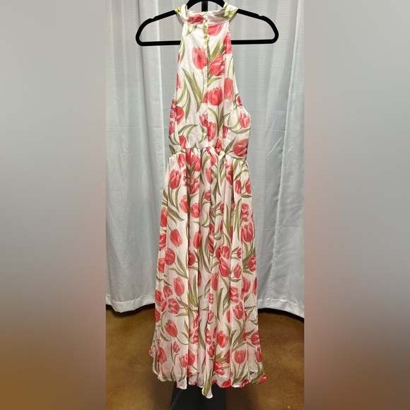 Fehaute Pink Pleated Floral Chiffon Halter Sleeveless A-Line Maxi Dress NWT | 10 - Picture 6 of 10